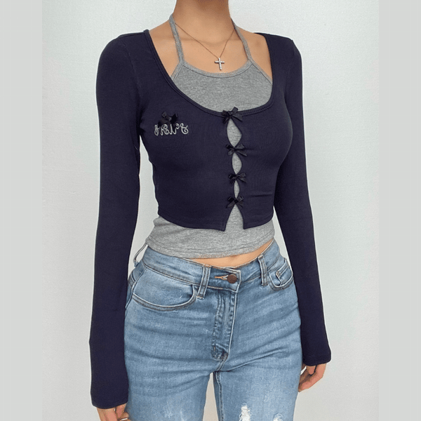 Bowknot contrast patchwork long sleeve halter top