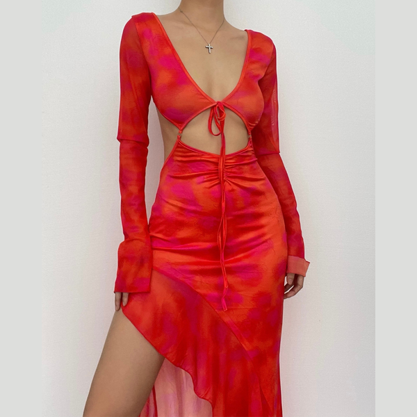 Long sleeve solid mesh slit v neck ruffle hollow out maxi dress