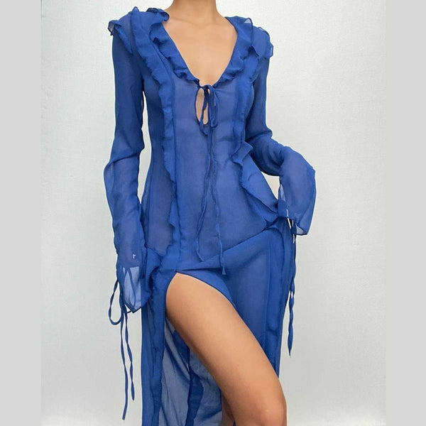 Vestido largo de gasa con abertura, transparente, manga larga, cuello en V, anudado