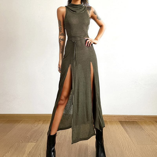 Hoodie sleeveless slit hollow out self tie cowl neck maxi dress