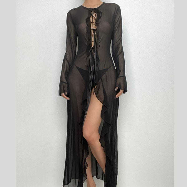 Flared sleeve ruffle sheer mesh see through self tie maxi dress  | samba dress