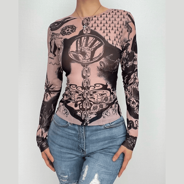 Abstract contrast print sheer mesh see through top