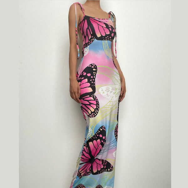 Vestido largo con estampado de mariposas, fruncido, sin espalda, halter en contraste