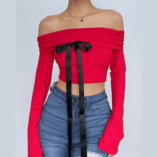 Bowknot applique ruched off shoulder long sleeve contrast top