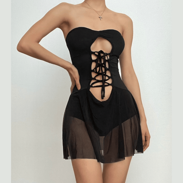Hollow out solid lace up ruffle backless mini dress