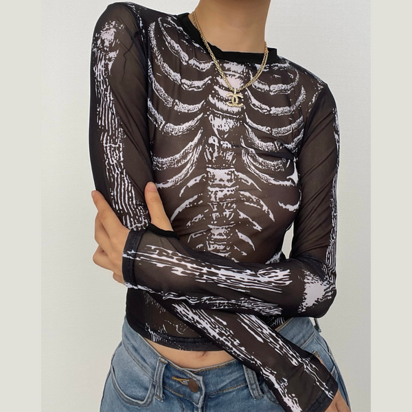 Sheer mesh contrast print see through gloves long sleeve top