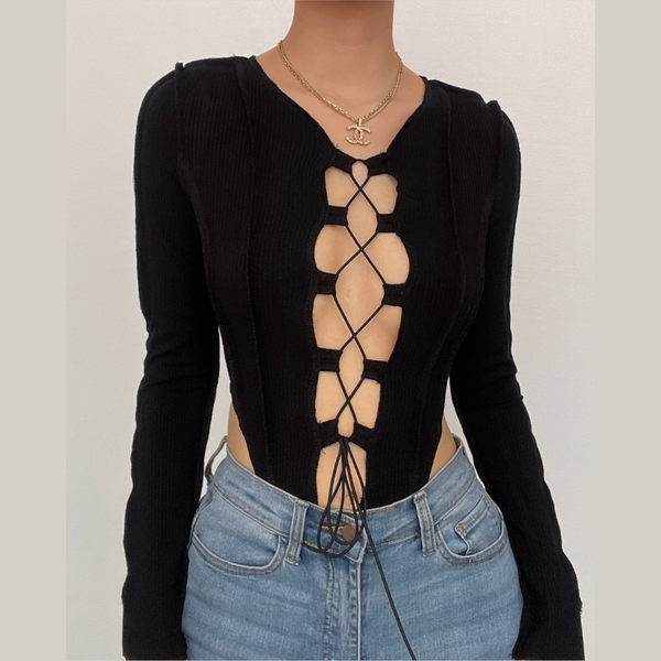Hollow out solid long sleeve button lace up bodysuit