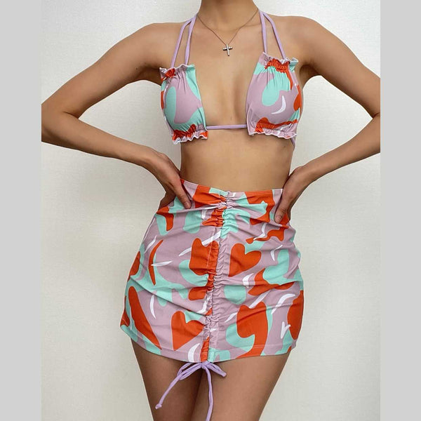 Drawstring contrast print padded halter backless 3 piece swimwear