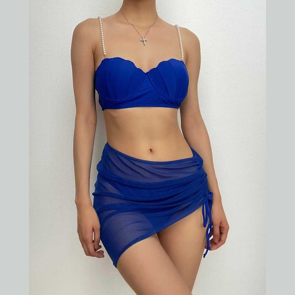 Mesh drawstring padded backless pearl 3 piece swimwear