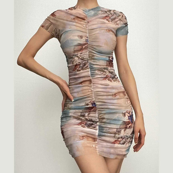 Sheer mesh see through abstract ruched short sleeve contrast mini dress