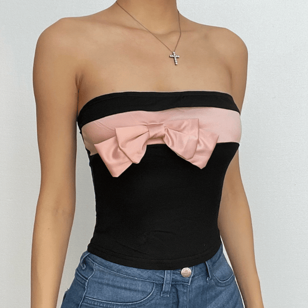 Bowknot backless patchwork contrast tube top