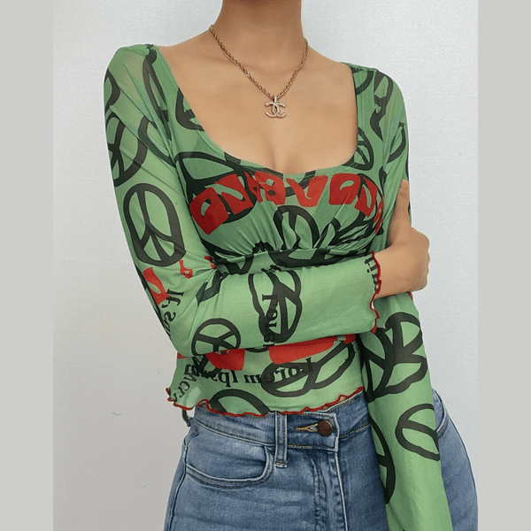 Long sleeve sheer mesh see through ruffle contrast print crop top