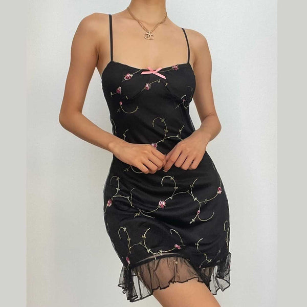 Mesh ruffle backless flower embroidery contrast cami mini dress