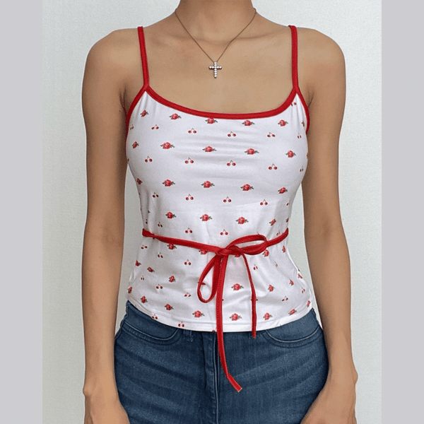 Self tie u neck cherry print contrast backless cami top