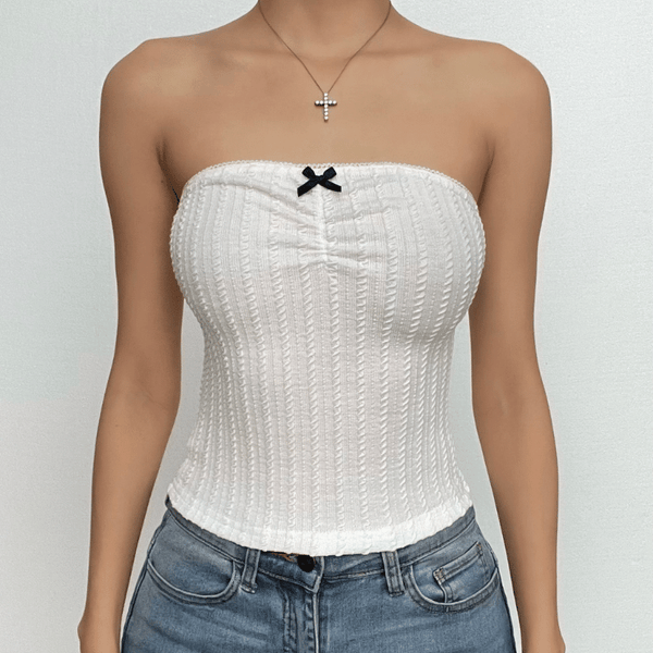 Textured bowknot ruched bowknot tube crop top
