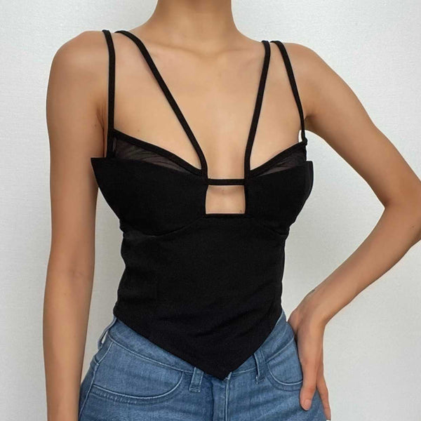 Mesh solid patchwork backless hollow out crop cut out top