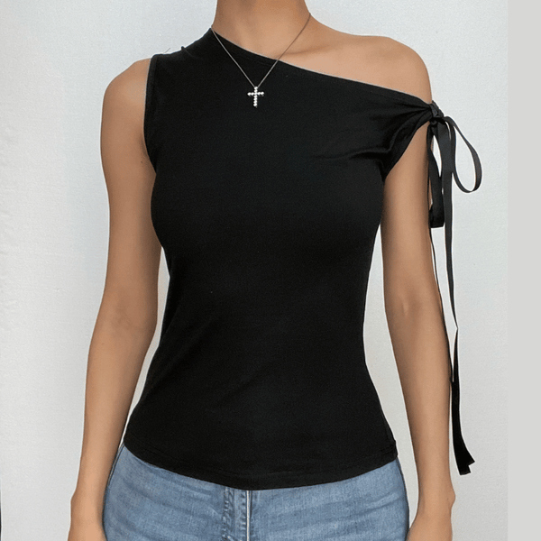 Self tie off shoulder solid irregular top