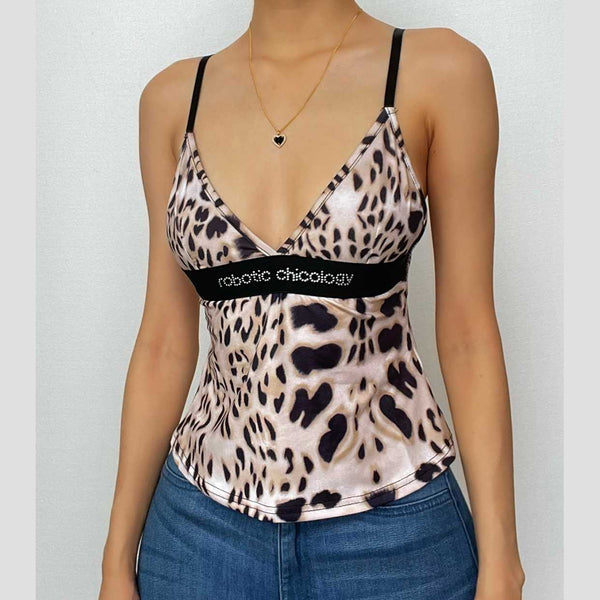 Leopard print beaded patchwork v neck backless cami top