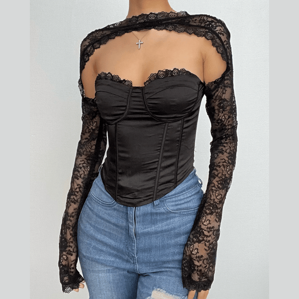 Long sleeve lace zip-up solid backless bustier patchwork top