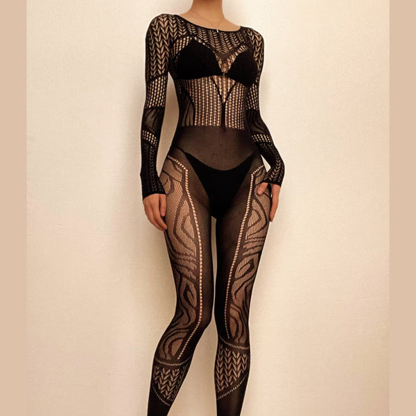 Long sleeve hollow out solid fishnet see through jumpsuit