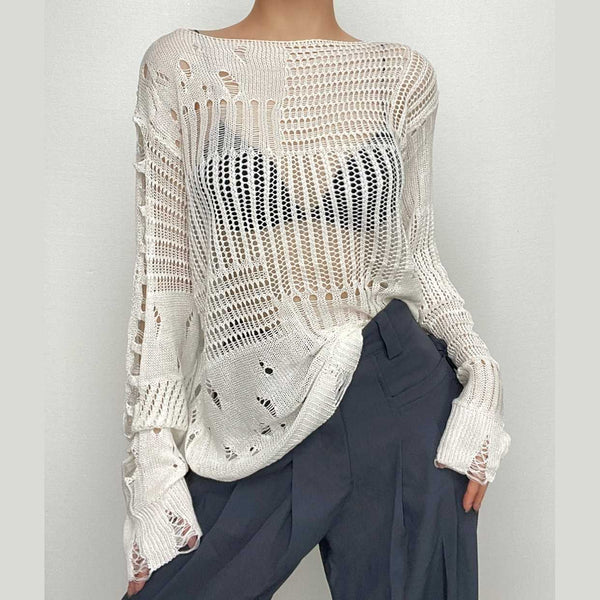 Crochet long sleeve solid hollow out cut out top