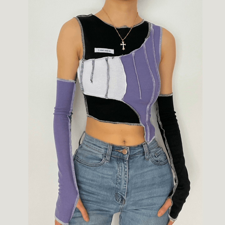 Patchwork off shoulder gloves ribbed crop top - Halibuy