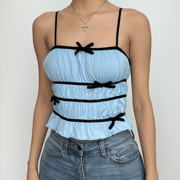 Bowknot ruched contrast ruffle square neck cami crop top