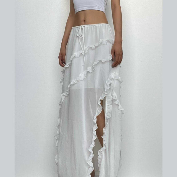 Drawstring ruffle slit irregular solid maxi skirt