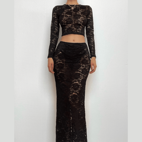 Lace long sleeve solid see through slit maxi skirt set