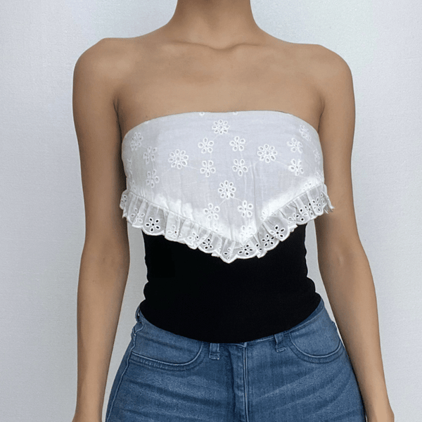 Backless zip-up contrast lace patchwork ruched tube top