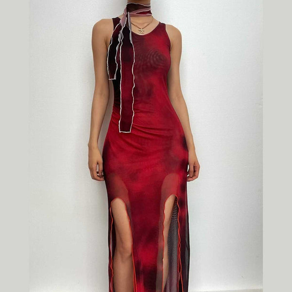 Sheer mesh see through sleeveless contrast print slit midi dress