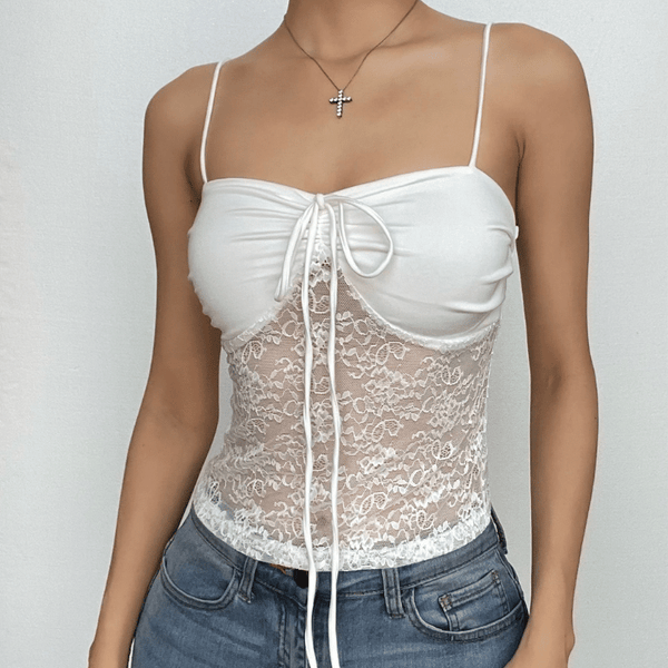 Lace solid self tie ruched backless cami top