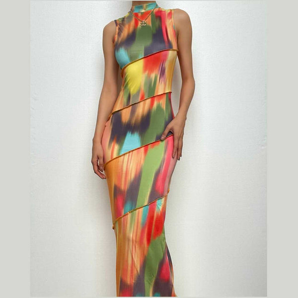 Stitch sleeveless contrast high neck maxi dress