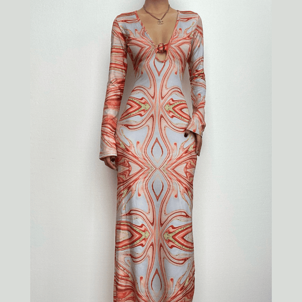 Contrast print o ring v neck long sleeve maxi dress