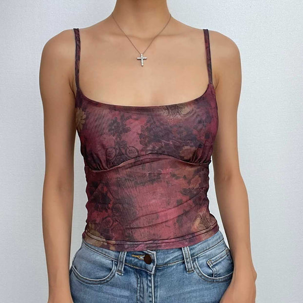 Sheer mesh see through contrast print square neck cami crop top