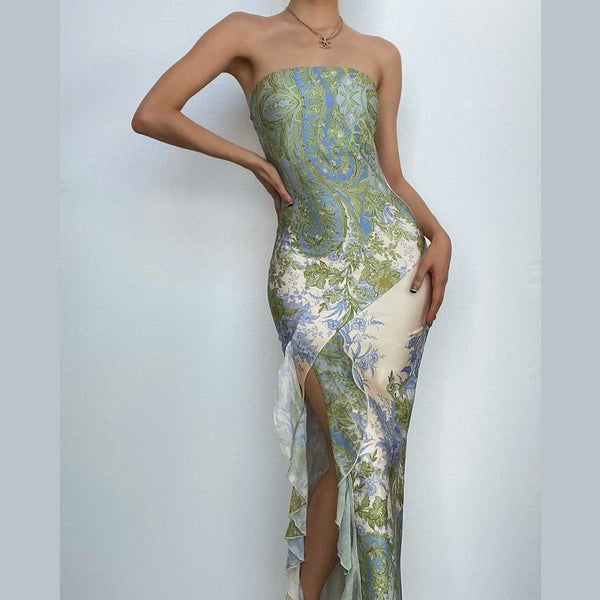 Flower print slit irregular contrast backless maxi dress