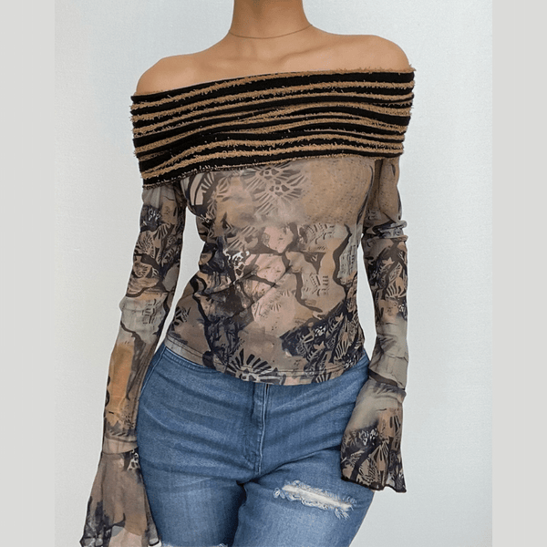 Long flared sleeve off shoulder backless ruffle mesh print patchwork top