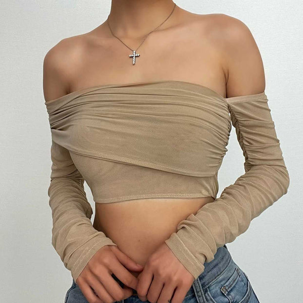 Long sleeve solid mesh off shoulder irregular crop top