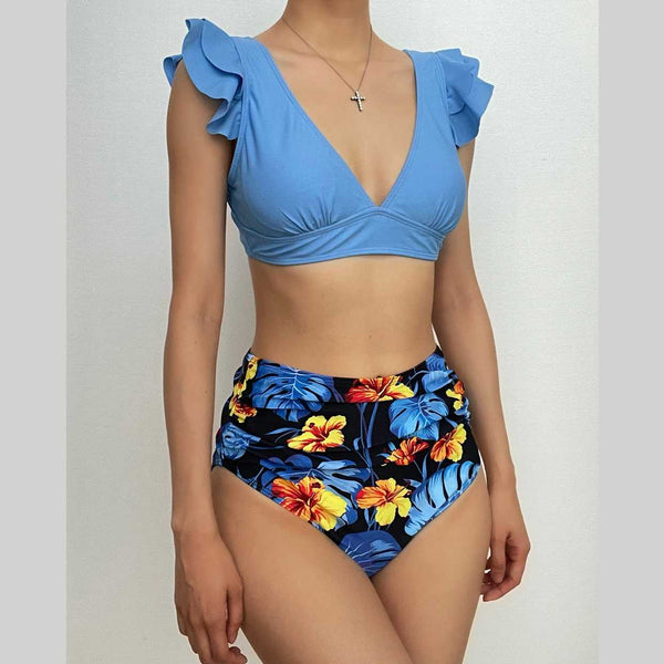 Cap sleeve contrast ruffle lace up leaf print bikini swimwear