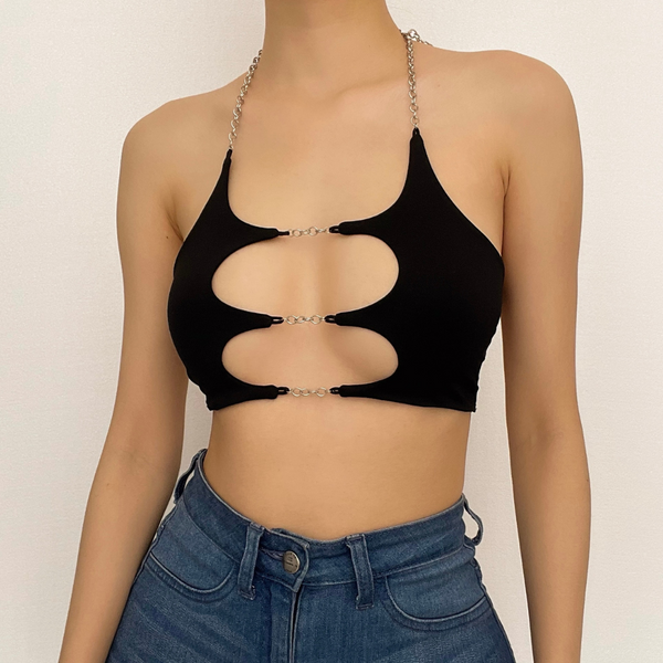 Metal chain hollow out solid crop halter cut out top