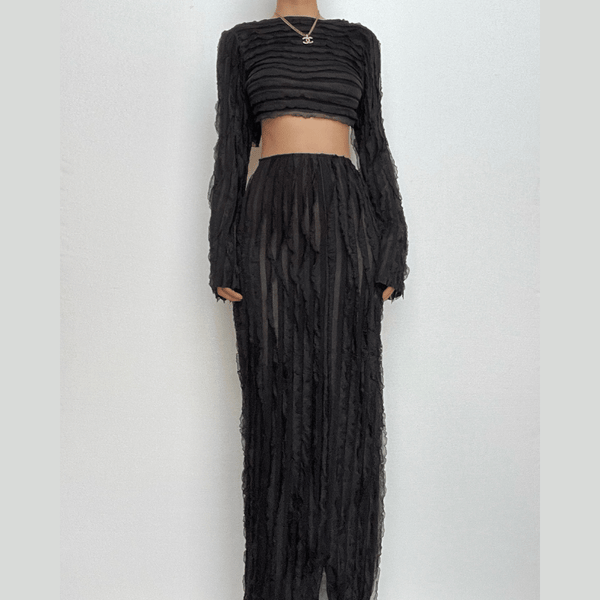 Textured self tie solid backless ruffle maxi skirt set
