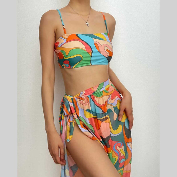 Contrast print mesh self tie backless cami 3 piece swimwear