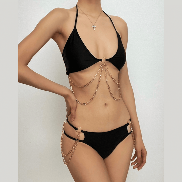 Metal chain solid padded hollow out halter self tie bikini swimwear