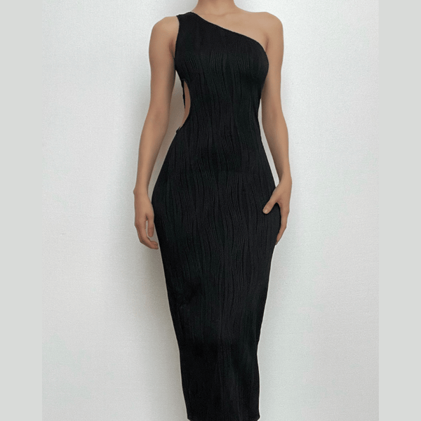 Textured one shoulder irregular hollow out solid midi dress
