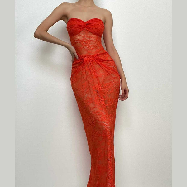 Backless lace see through ruched knotted solid maxi dress
