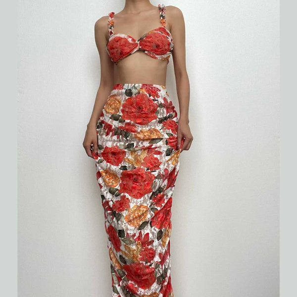Flower print ruffle contrast ruched lace maxi skirt set