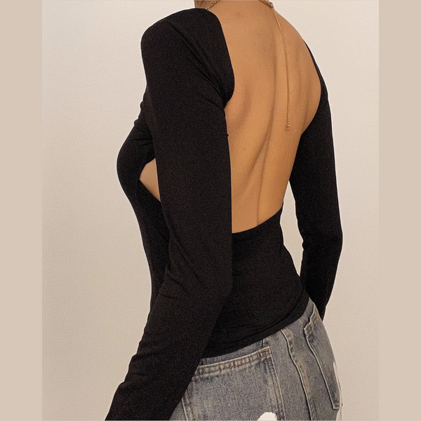 Hollow out solid long sleeve backless cut out top