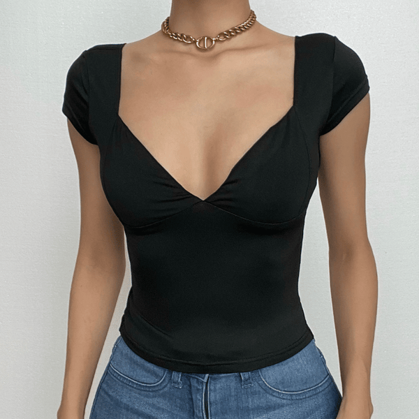 Low cut cap sleeve solid backless v neck top