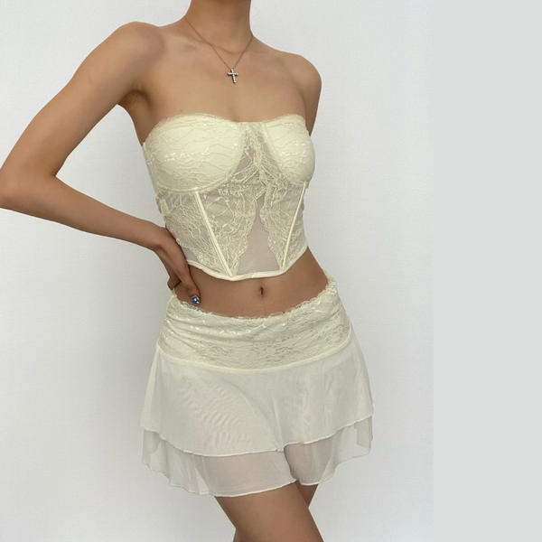 Mesh solid sleeveless backless lace hem tube top skirt set