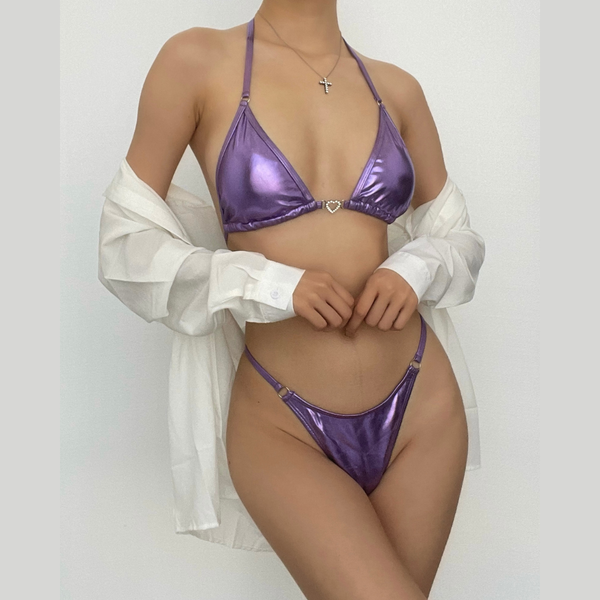 Solid halter metallic 3 piece swimwear